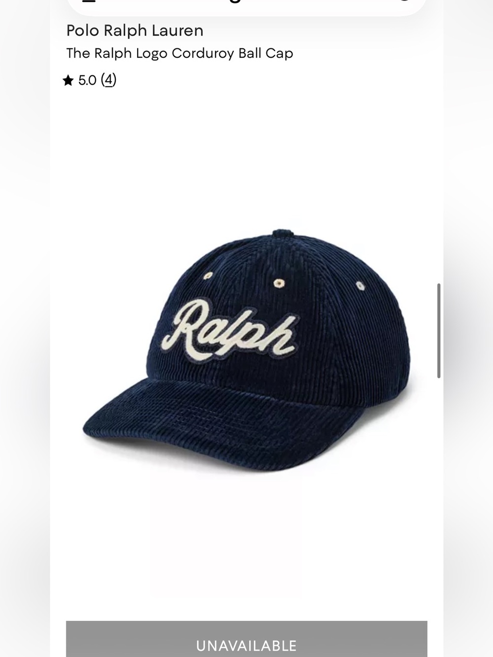 NWOT Ralph Lauren Navy Corduroy Cap with Embroidered Script